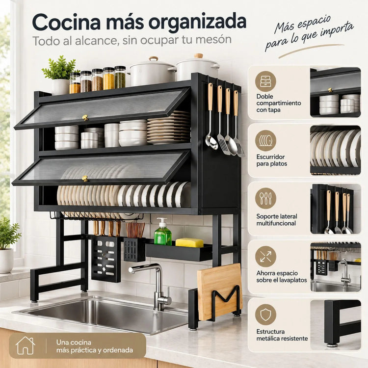 Escurridor 2 niveles con tapa instalado sobre el lavaplatos