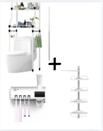 Combo organizador de baño: estante sobre sanitario, esquinero y dispensador de crema dental