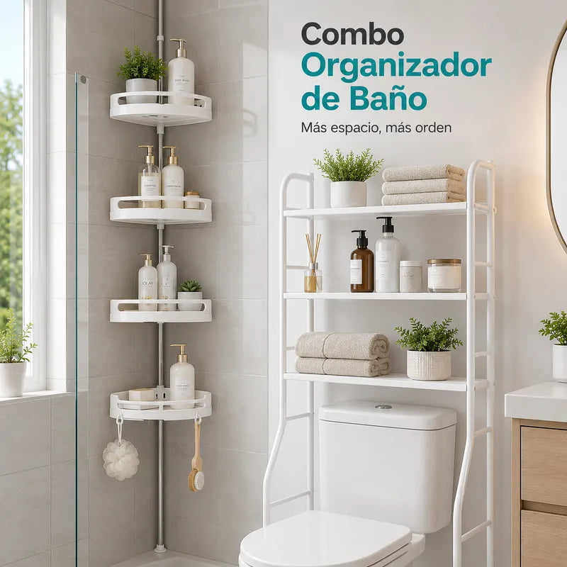 Esquinero de baño y estante sobre sanitario en un baño organizado