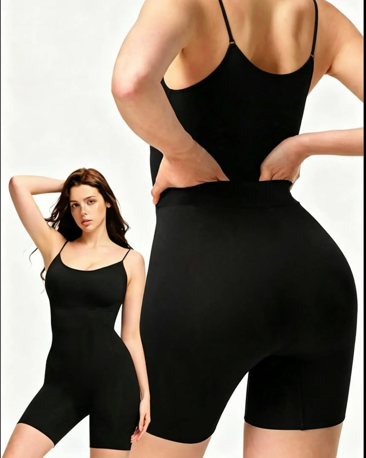 Montaje con vistas frontal y posterior que muestra la apertura trasera de la faja negra.