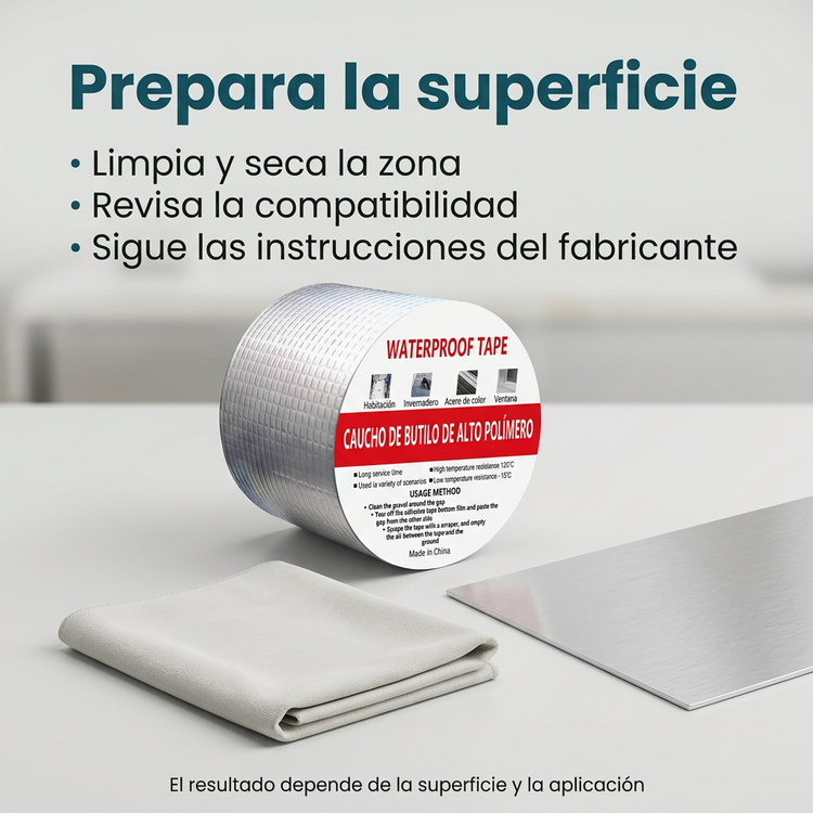 Recomendaciones de limpieza, secado y compatibilidad antes de aplicar la cinta