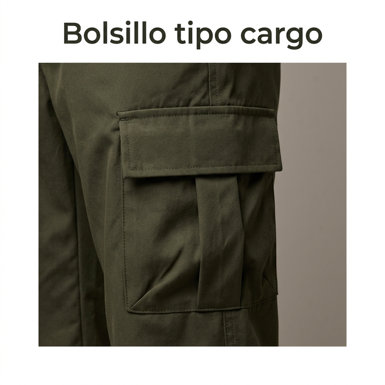 Detalle del bolsillo tipo cargo del jogger verde oliva