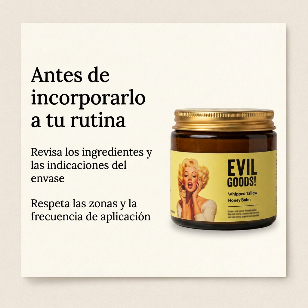 Frasco Evil Goods con recordatorio de revisar los ingredientes y las indicaciones de aplicación del envase.