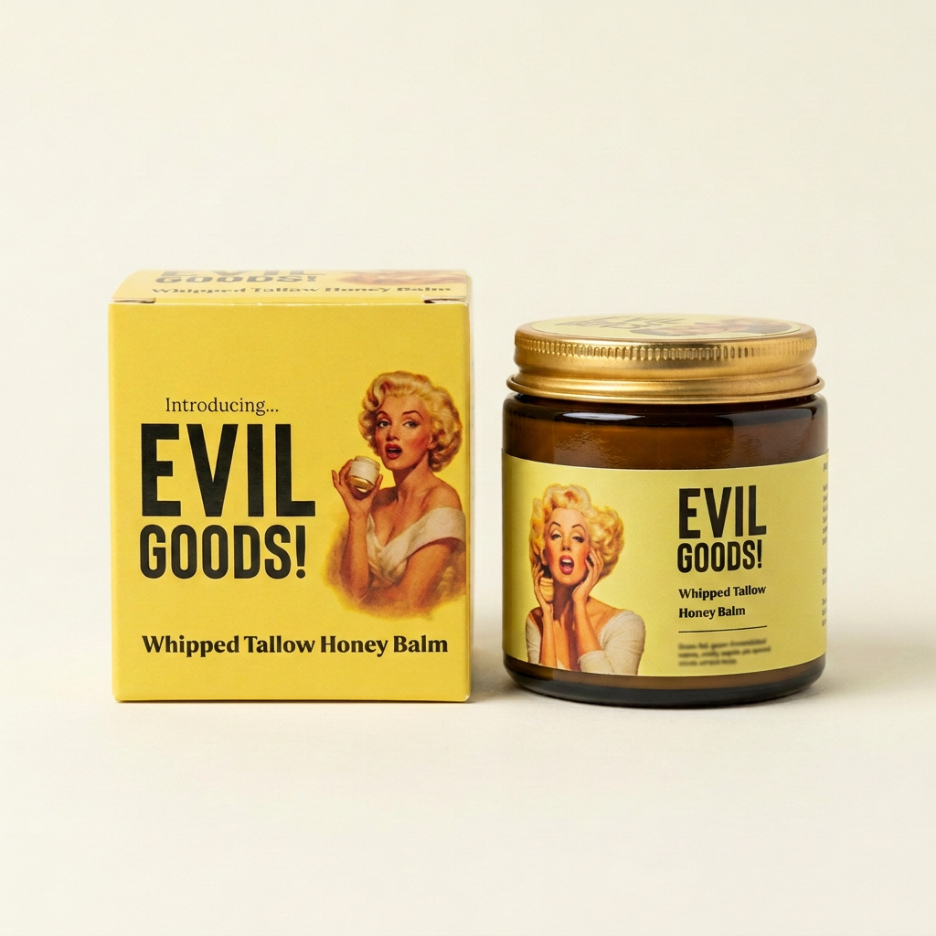 Frasco ámbar Evil Goods con tapa dorada y caja amarilla sobre fondo claro.