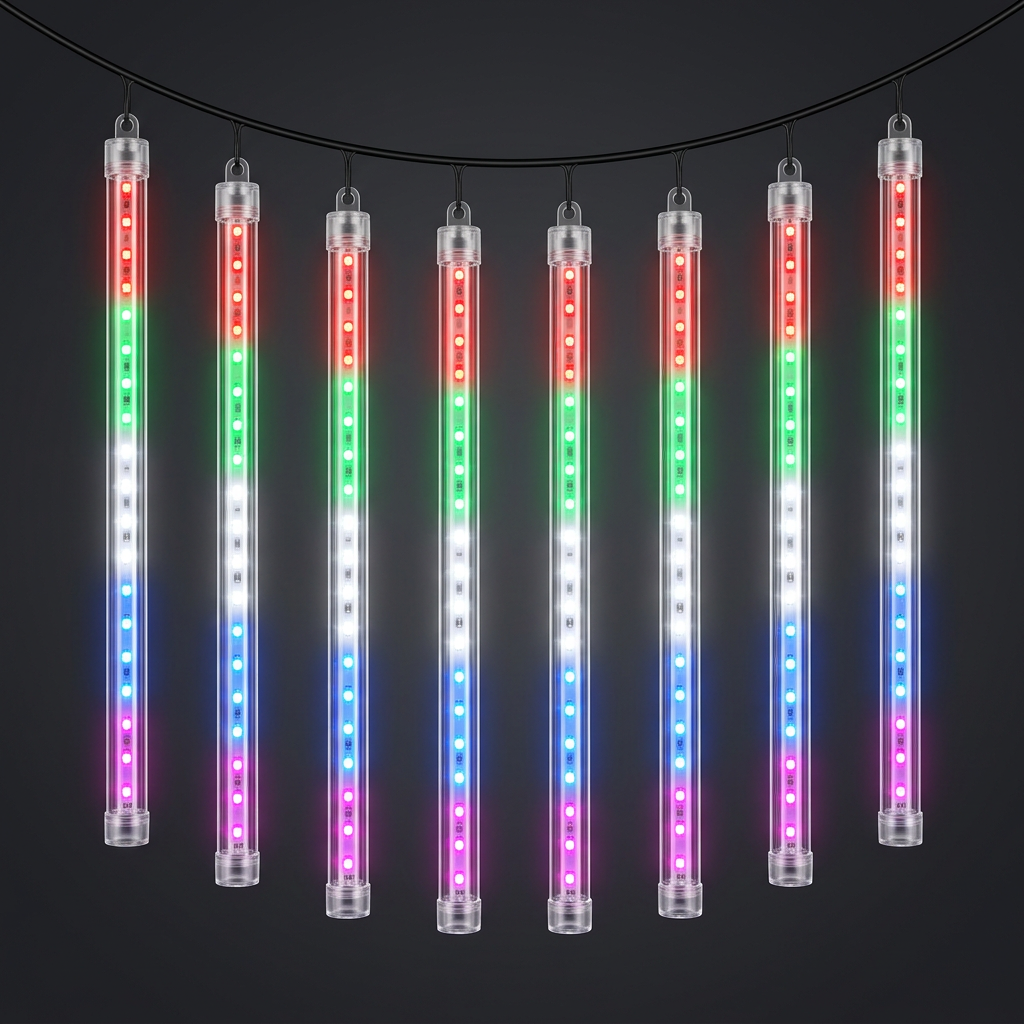 Conjunto de ocho tubos LED multicolor conectados por cable negro