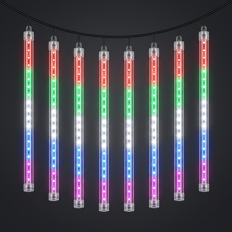Conjunto de ocho tubos LED multicolor conectados por cable negro