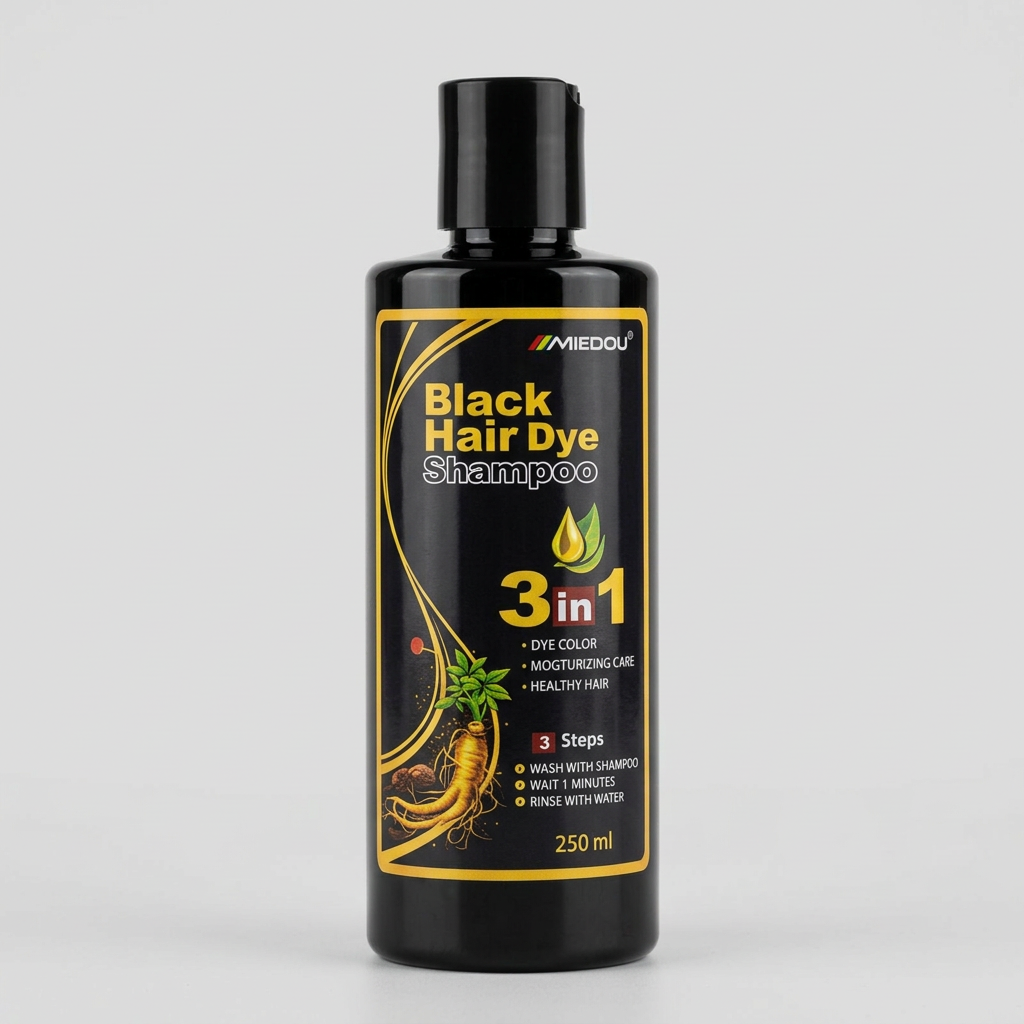 Frasco negro de shampoo MIEDOU con etiqueta negra y dorada