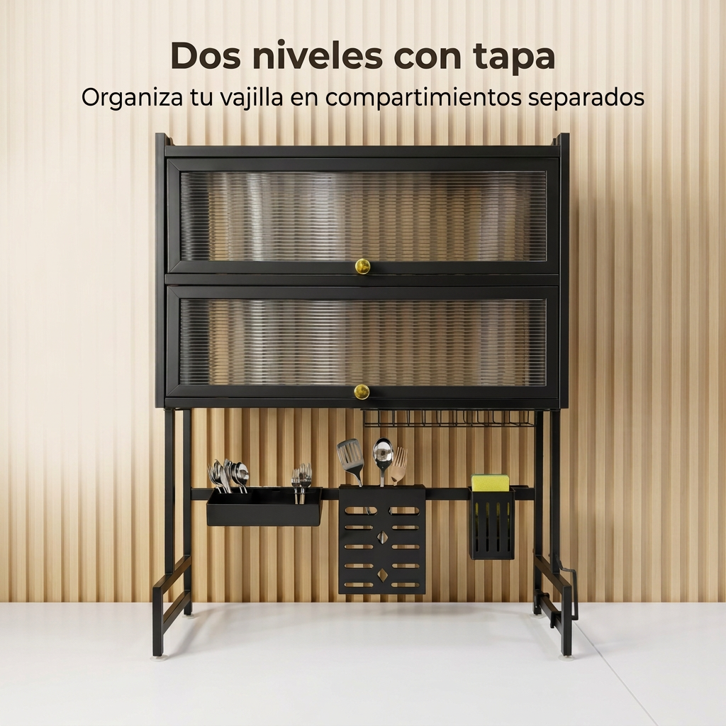 Escurridor negro con dos compartimientos con tapa y soportes inferiores para utensilios