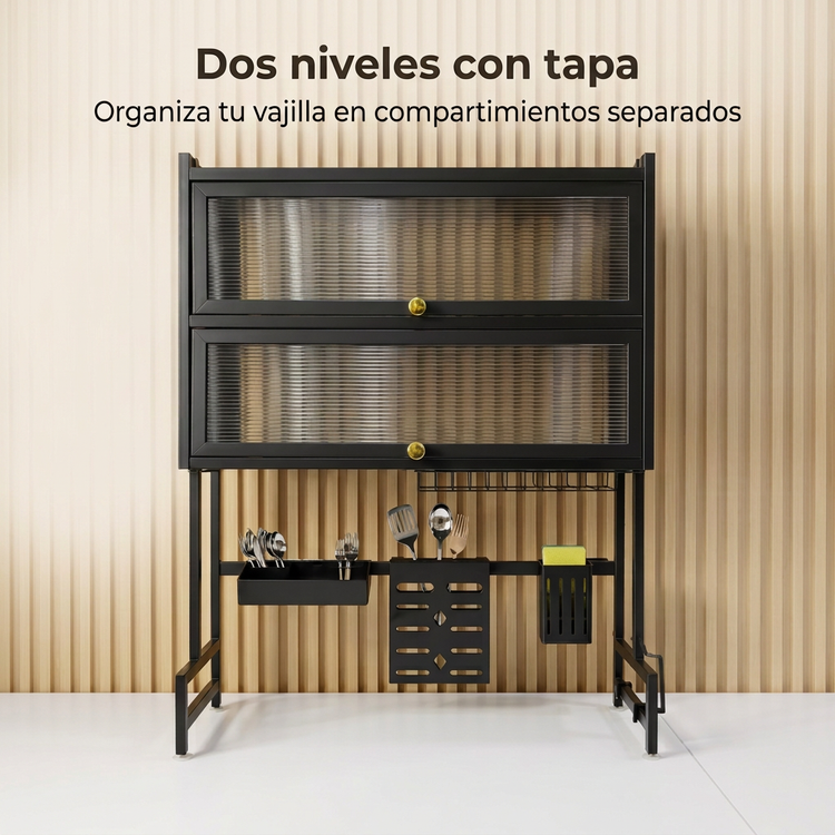 Escurridor negro con dos compartimientos con tapa y soportes inferiores para utensilios