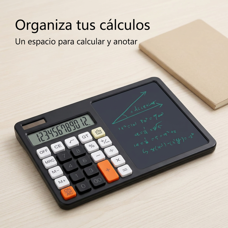 Calculadora con teclas naranjas y tablero LCD sobre un escritorio claro.