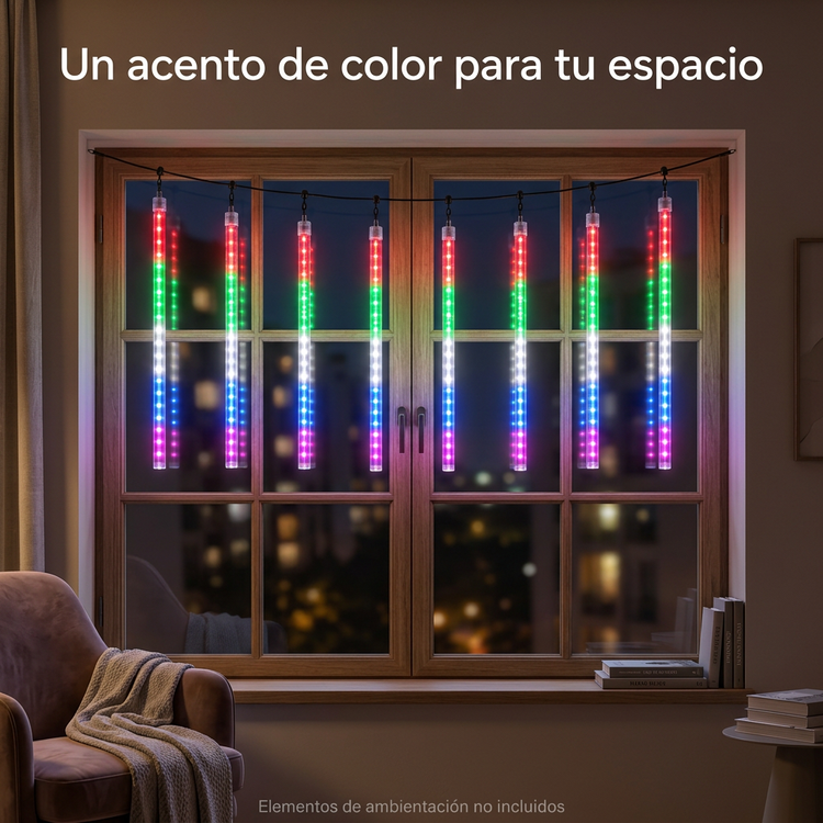 Idea de decoración interior con tubos LED multicolor; ambientación no incluida