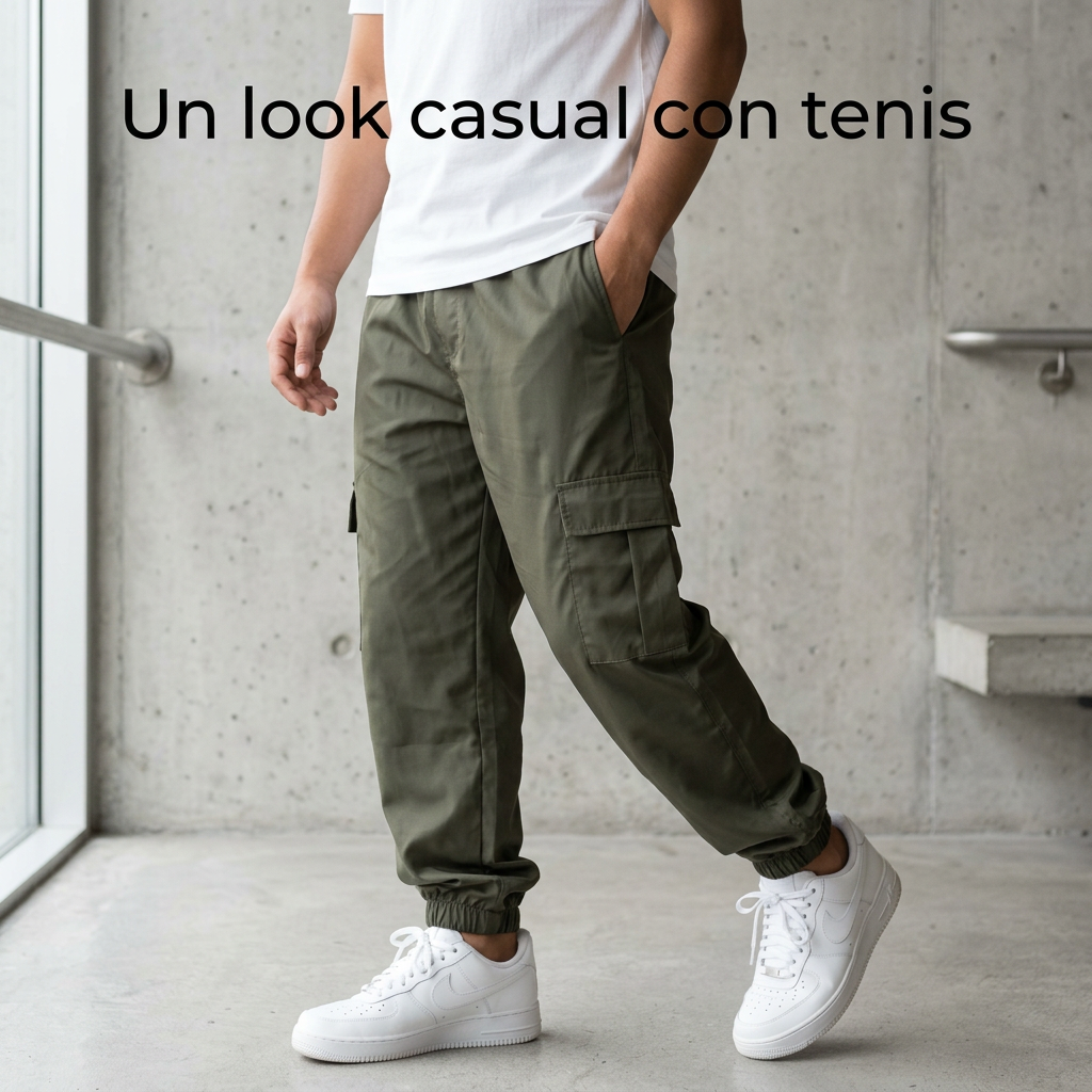 Jogger cargo combinado con camiseta blanca y tenis