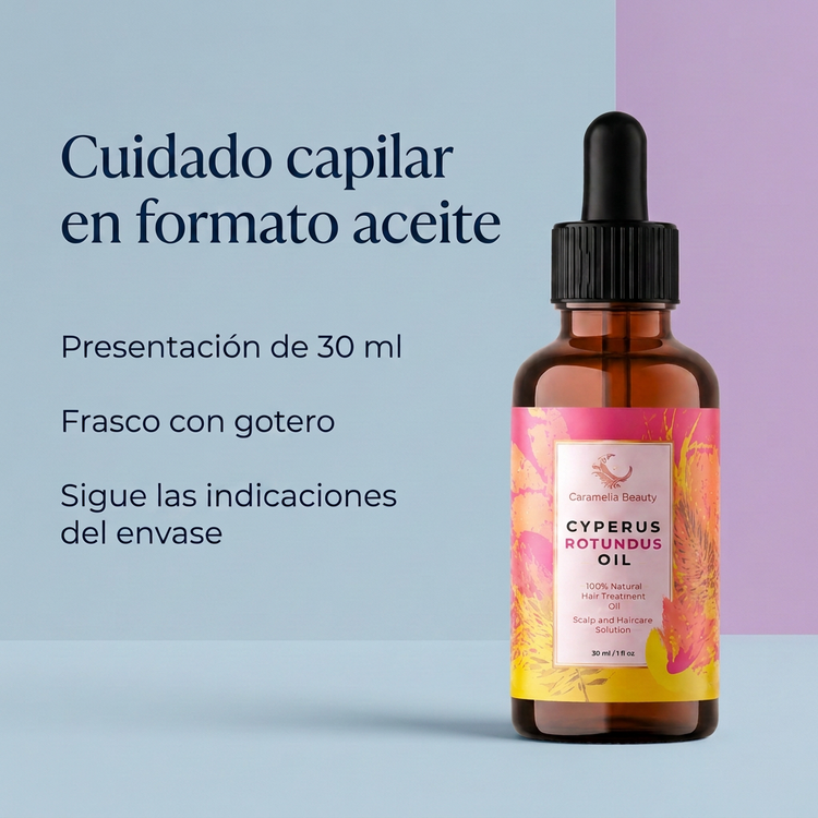 Presentación del aceite capilar Caramelia Beauty de 30 ml con frasco y gotero.