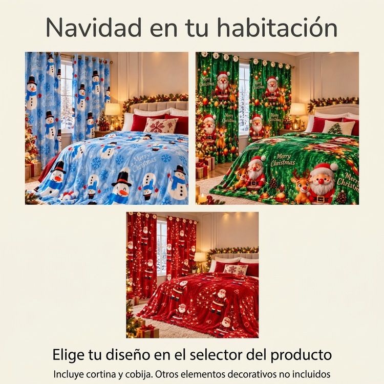 Vista de diseños azul, verde y rojo del combo de cortina y cobija navideña; decoración adicional no incluida