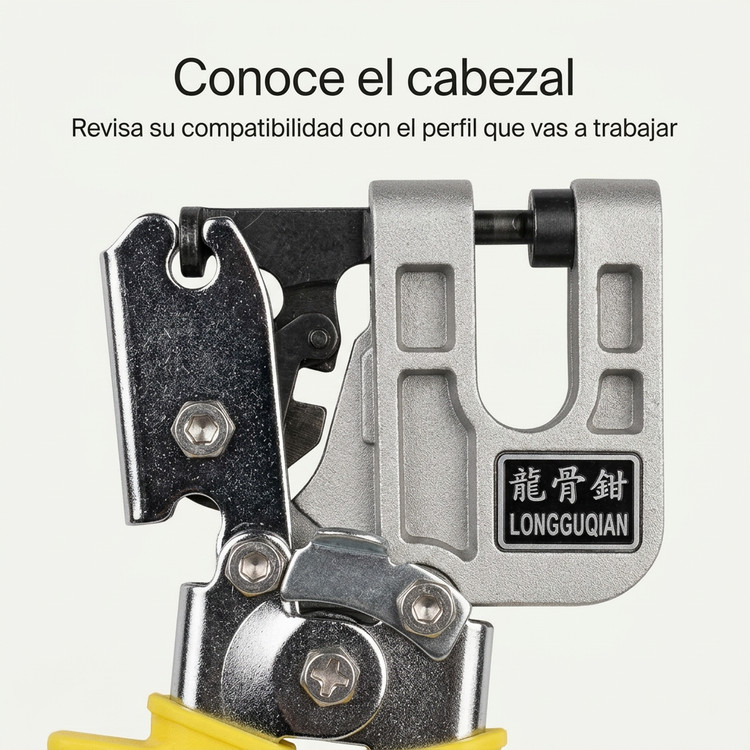 Detalle del cabezal y mecanismo de la pinza para perfiles
