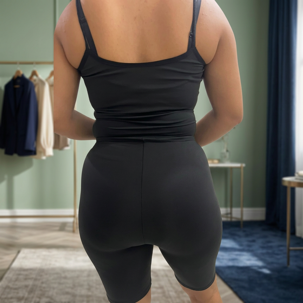 Vista posterior de la faja negra cerrada en un vestidor de tonos verde salvia y azul.