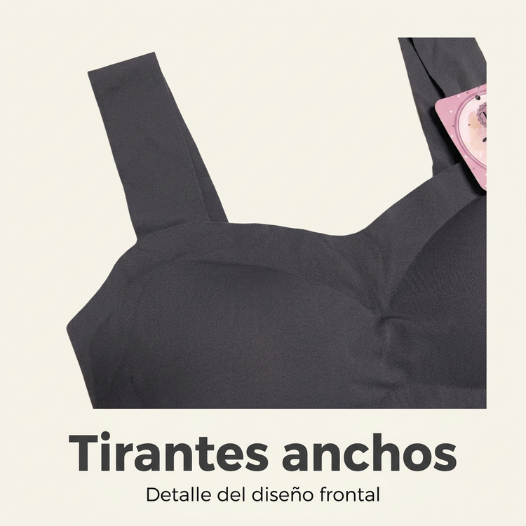 Detalle de los tirantes anchos y escote frontal del brasier