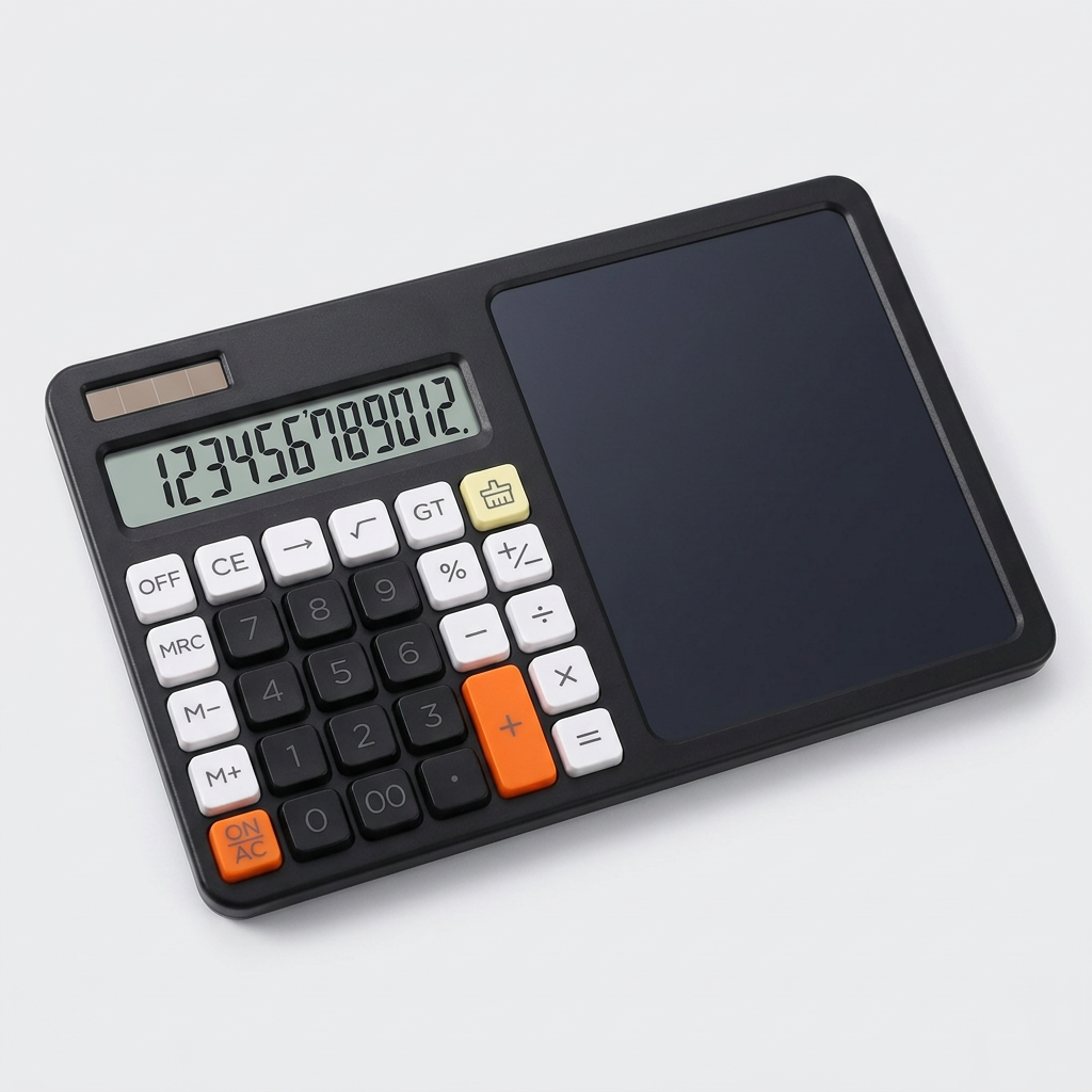 Calculadora negra con teclas naranjas y tablero de escritura a la derecha sobre fondo claro.