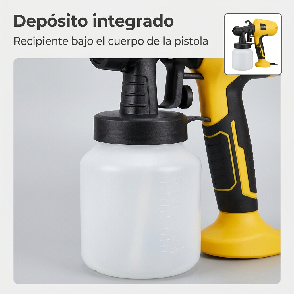 Detalle del depósito integrado de la pistola de pintura