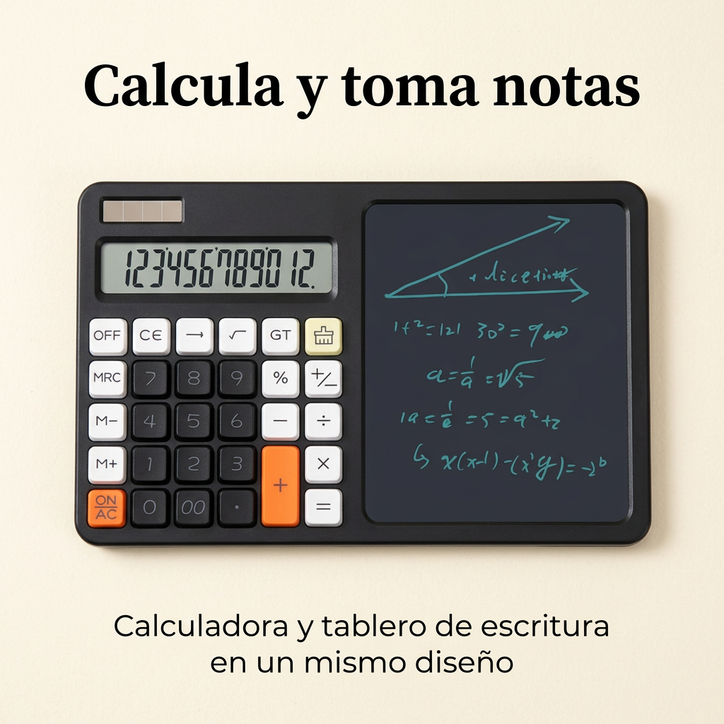 Calculadora con teclas naranjas y tablero de escritura en un mismo diseño.
