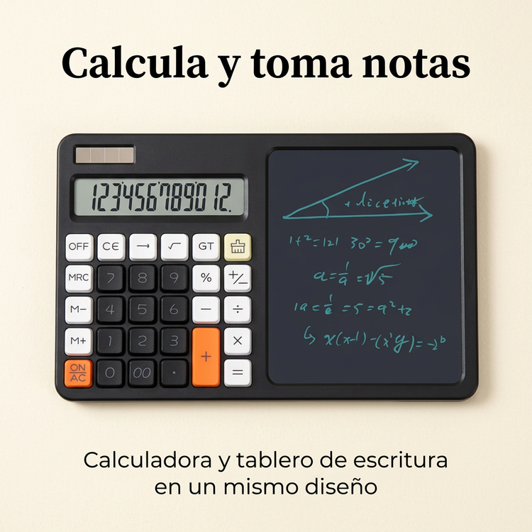 Calculadora con teclas naranjas y tablero de escritura en un mismo diseño.